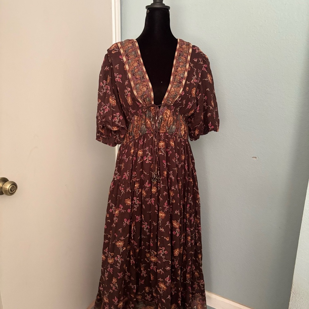 Free People BoHo Floral Brown Midi Dress